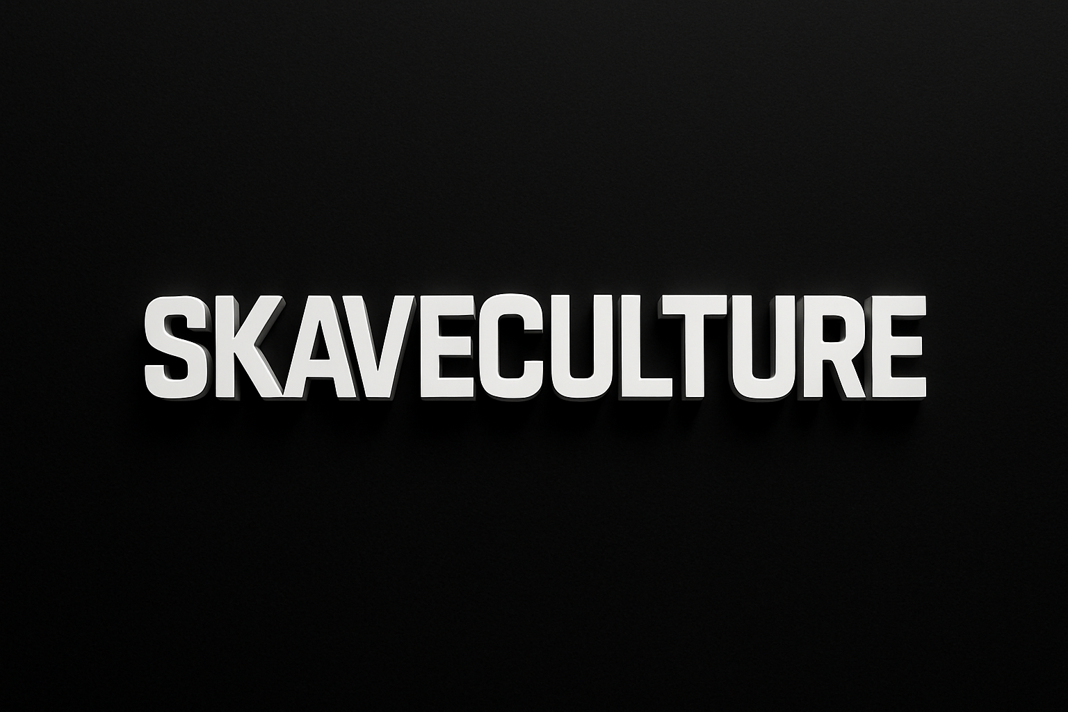 Create a black blank image background and have the word "SKAVECULTURE" in 3d whote font in a modernised font
